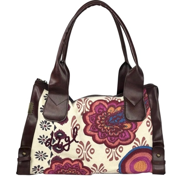 Desigual Handbags - Desigual Embroidered Floral Pattern Faux Leather Trim Double Handle Shoulder Bag